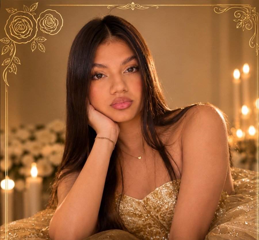 Isabella con vestido dorado